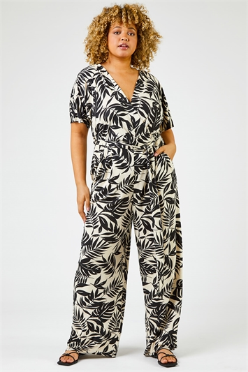 Black Curve Tropical Print Jumpsuit , Image 3 of 6