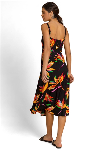 Black Floral Print Tie Front Midi Dress, Image 2 of 5