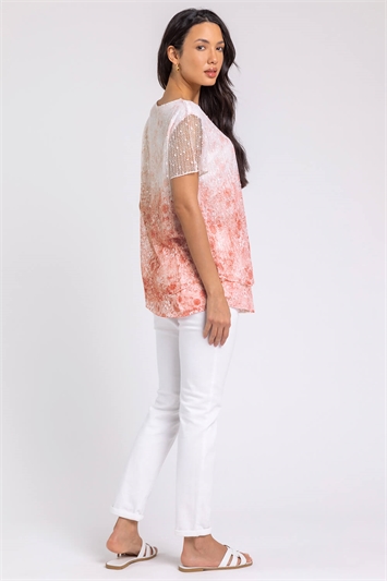 Pink Sequin Mesh Overlay Floral Stretch Top, Image 2 of 4