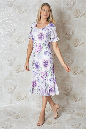 Purple Floral Print Bias Cut Midi Dress