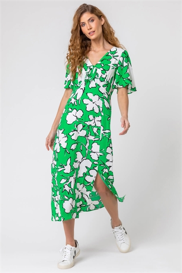Green Contrast Floral Tie Detail Midi Dress, Image 3 of 5