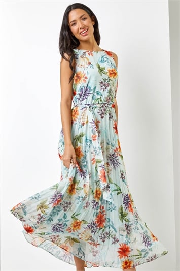 Sage Floral Print Pleated Maxi Dress