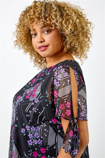 Black Curve Floral Print Chiffon Overlay Top, Image 4 of 5