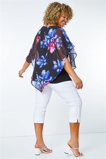 Black Curve Floral Chiffon Overlay Top, Image 3 of 5
