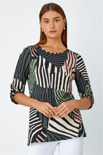 Green Animal Colour Block Stretch Top