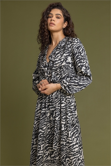 Animal Print Frill Detail Wrap Dress in Black - Roman Originals UK