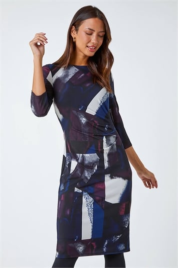 Purple Abstract Ruched Pleat Detail Stretch Dress
