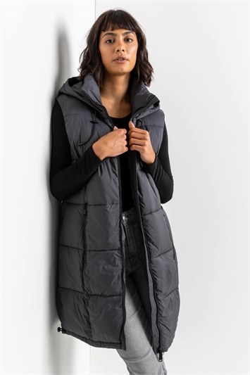 Charcoal Padded Longline Hooded Gilet, Image 1 of 6