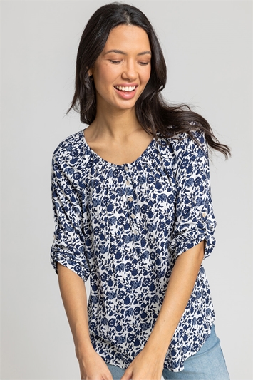 Navy Ditsy Floral Print Button Top, Image 1 of 4