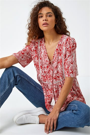 Red Ditsy Floral Tie Smock Top