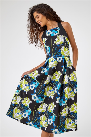 Lime Floral Fit And Flare Luxe Stretch Dress, Image 3 of 5