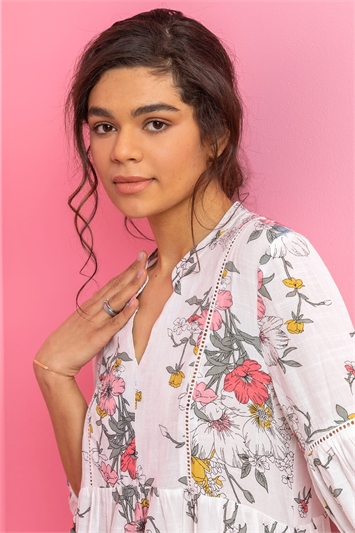White Floral Print Notch Neck Top, Image 4 of 4