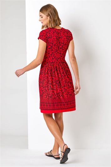 Red Floral Border Print Fit & Flare Dress, Image 2 of 4