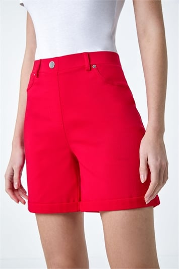 Red Stretch Elastic Waist Turn Up Shorts