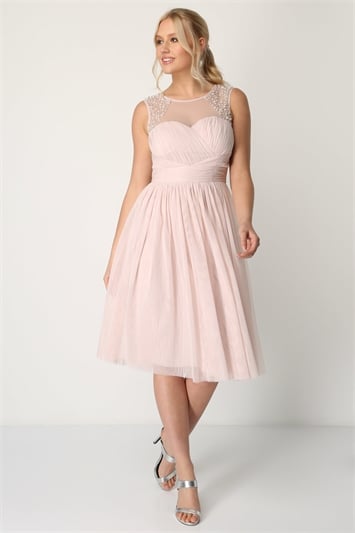 Pink Bead Embellished Knee Length Dress
