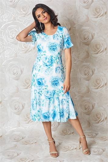 Blue Floral Print Bias Cut Midi Dress