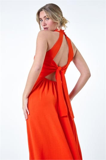 Orange Plain Tie Back Halterneck Midi Dress