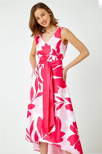 Pink Floral Print Dipped Hem Jacquard Dress