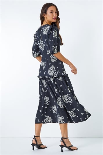 Black Floral Frill Detail Tiered Maxi Dress , Image 2 of 6