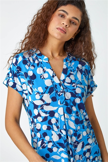 Blue Textured Floral Overshirt V-Neck Stretch Top