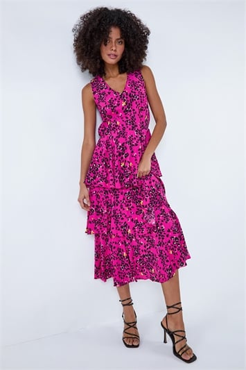 Pink Leopard Print Tiered Midi Dress