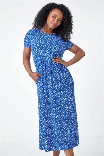 Blue Petite Spot Print Stretch Midi Dress
