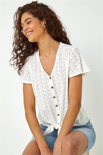 White Broderie Stretch Jersey Tie Front Top