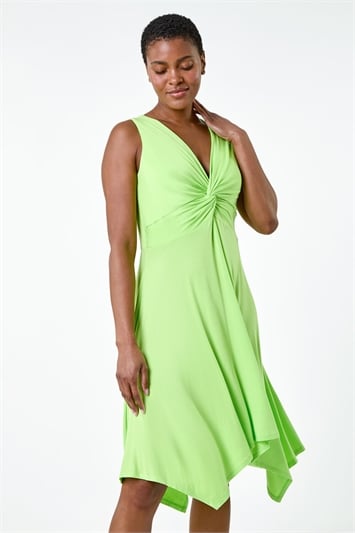 Green Twist Front Hanky Hem Asymmetric Bodycon Dress