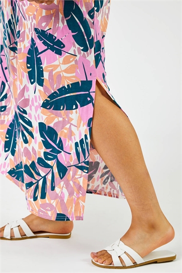 Pink Curve Tropical Leaf Print Maxi Dress, Image 5 of 5