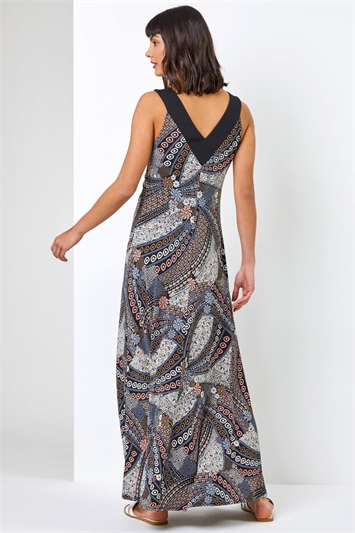 Natural Geo Print Contrast Band Maxi Dress, Image 2 of 5