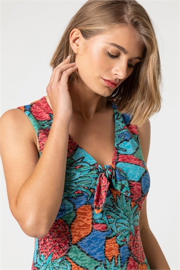 Turquoise Burnout Pineapple Print Knotted Dress, Image 4 of 4