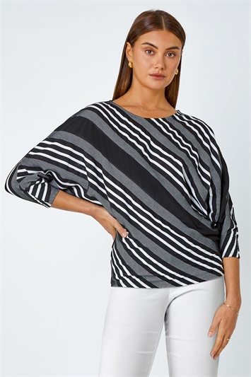Black Relaxed Stripe Print Stretch Top