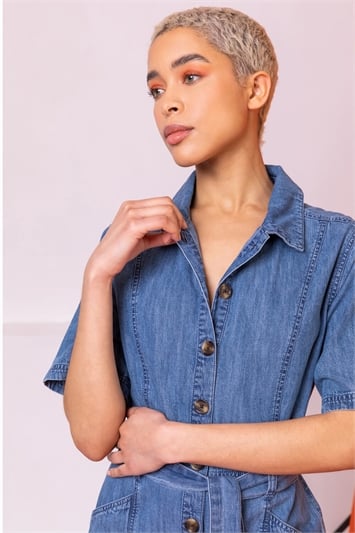 Blue Denim Button Through Belted Jumpsuit, Image 4 of 5