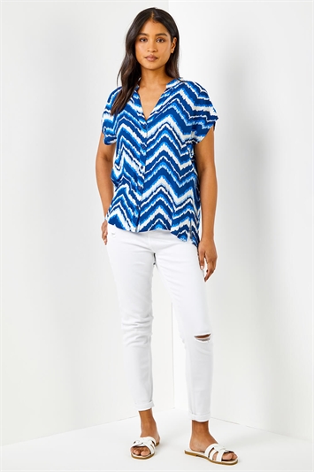 Blue Abstract Zig Zag Print Relaxed Shirt, Image 3 of 4