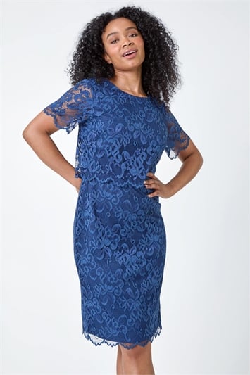 Blue Petite Lace Overlay Stretch Bodycon Dress