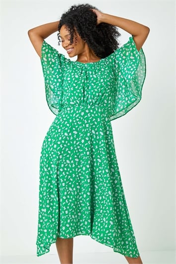 Green Petite Floral Print Chiffon Midi Dress