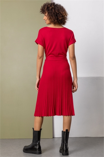 Red Belted Wrap Pleated Knit Dress, Image 2 of 4