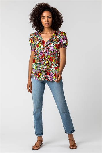 Multi Floral Print Frill Detail Blouse, Image 3 of 5