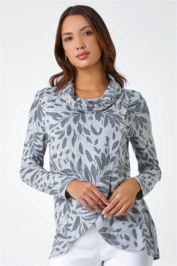 Grey Floral Print Cowl Neck Stretch Top