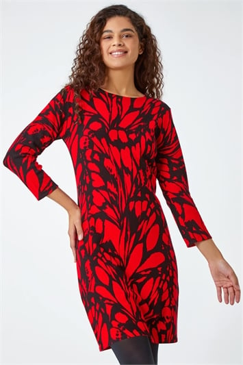 Red Butterfly Print Knitted Stretch Dress