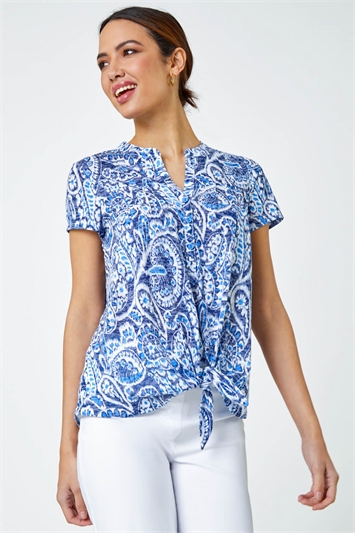 Blue Paisley Print Tie Detail Shirt