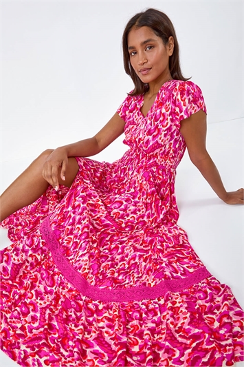 Pink Abstract Print Shirred Waist Maxi Dress