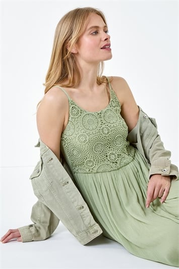Brown Lace Bodice Shirred Midi Dress