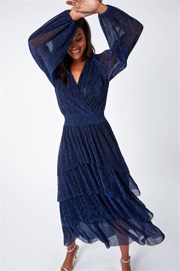 Blue Metallic Shirred Waist Tiered Midi Stretch Dress