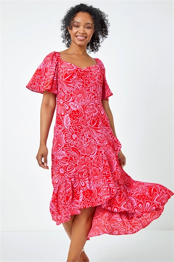 Pink Petite Floral Print Ruched Midi Dress