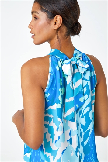 Blue Animal Print Halterneck Tie Detail Top