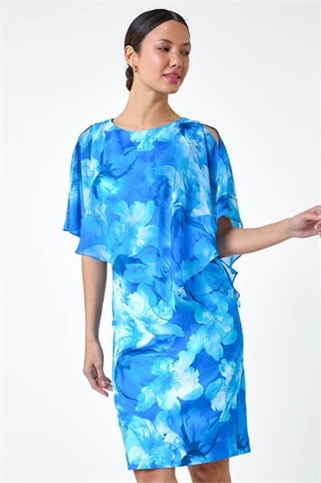 Blue Floral Chiffon Asymmetric Overlay  Dress