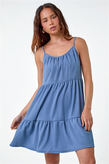 Blue Petite Textured Stretch Strappy Smock Dress