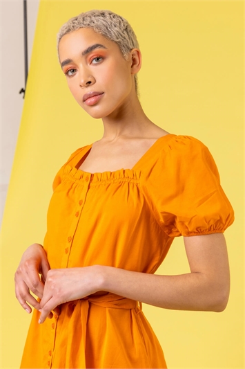 Orange Puff Sleeve Tiered Square Neck Dress, Image 4 of 5