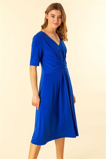 Blue Ruched Waist Midi Dress